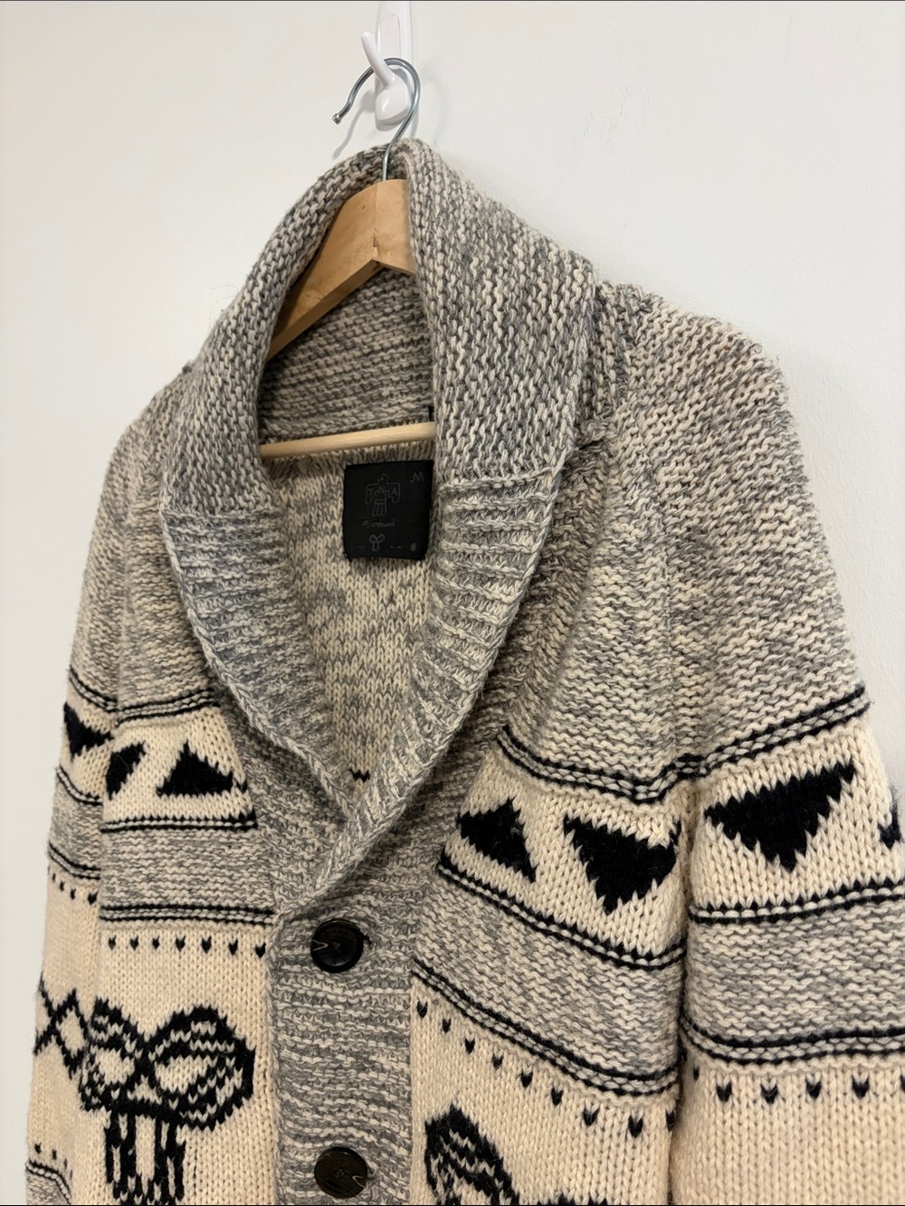 TNA Boyfriend Shawl Collar Lambswool Cardigan Sweater in Cream, Gray and Black - Picture 2 of 6